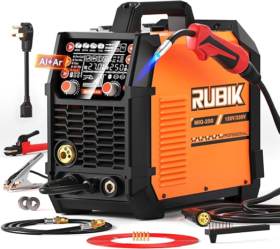 RUBIK Aluminum MIG Welder 250Amp, 5 in 1 MIGStickLift TIG Welder Gas Gasless Digital MIG Welder 110V220V Dual Voltage LCD Display Welding Machine, Professionals Multi Process Welder