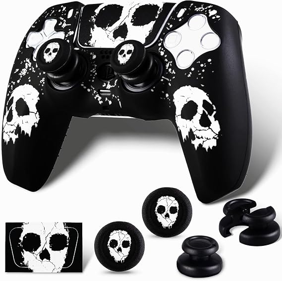 Silicone Skin Cover& Sticler x 1 & No Falling off Thumbstick x 2 for PS5 Controller (Ghost Face White)