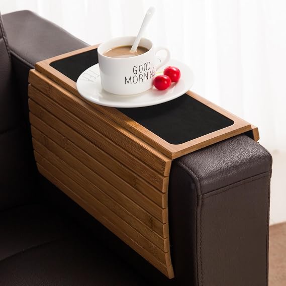 GEHE Bamboo Couch Arm Tray Table, Foldable Sofa Arm Tray Bamboo Color | Couch Armrest Table Cup Holder Great for Drinks Snacks Remote Control, Portable Side Table and Anti-Slip Bottom