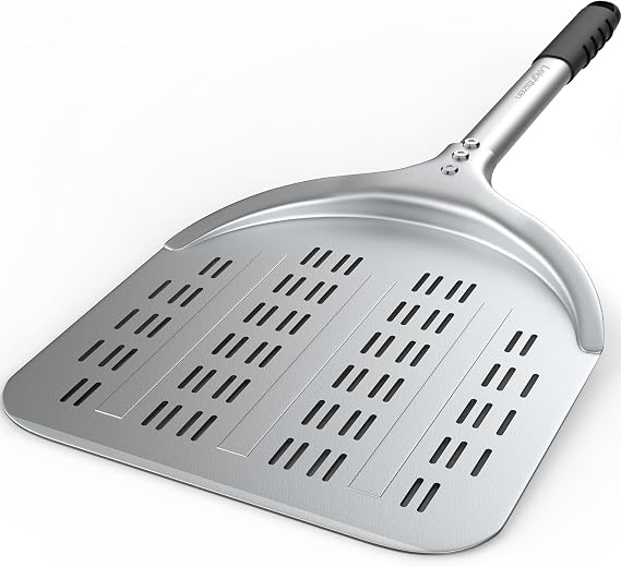 Pizza Peel 12'' Aluminum Perforated Launch Placement Retrieving Peel Metal Hanging Hook Lightweight Turning Peel Non-stick Pizza Paddle Outdoor Pizza Oven Accessories