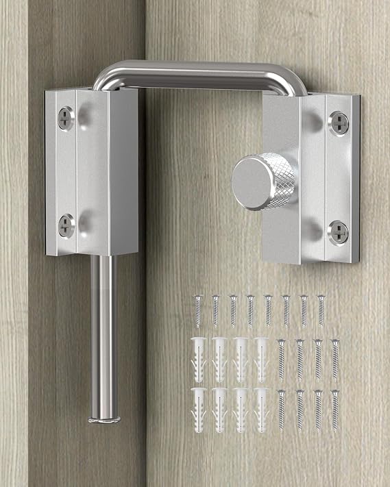 Sliding Door Lock with Locking Button, Barn Door Lock Silver