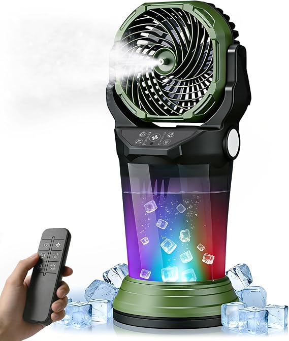 Portable Misting Fan with Remote, 2L Water Tank & 2 Spray Modes, 30000mAh Rechargeable Outdoor Cooling Fan, 4 Wind Speeds, 3 Timers, 120 Oscillation, RGB Lights & Flashlight for Camping Beach Patio
