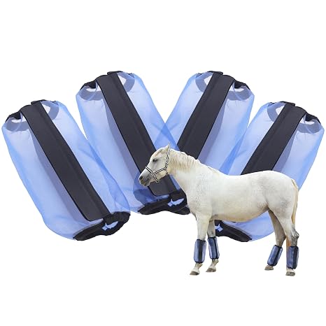 Fly Boots for Horses, Reduce Stomping/Hoof Damage, Breathable Fine Mesh Universal Size Horse Fly Leggings (Set of 4) Blue