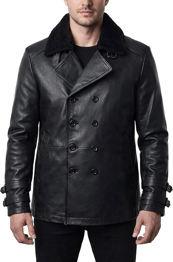 Leon Kennedy Requiem Jacket Double Breasted Style Genuine Black Leather Coat With Fur Collar Resident 9 Costume