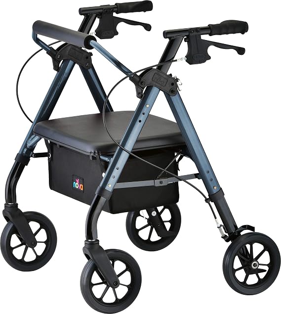 NOVA Star Heavy Duty Petite Rollator Walker with Large Padded Seat, 8" All-Terrain Wheels, Locking Hand Brakes, Height Adjustable, Folds for Easy Car Travel, Bariatric 450 lb, Blue