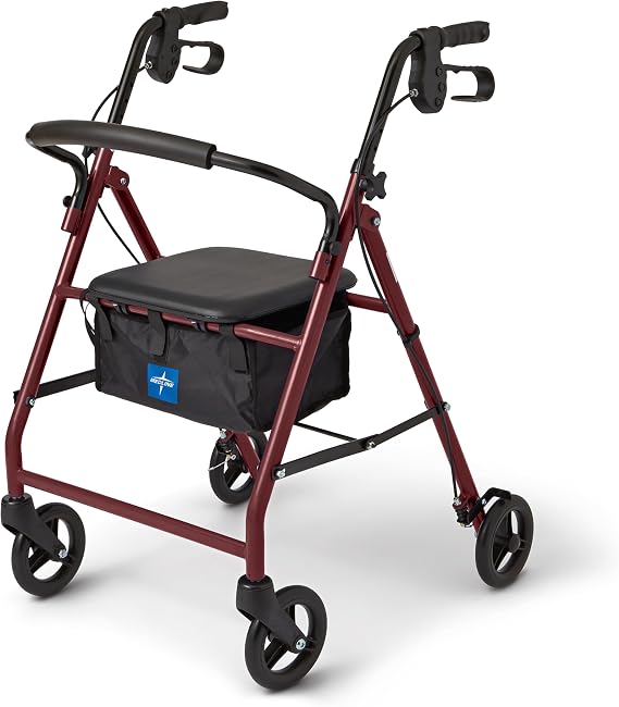 Medline Aluminum Rollator Walker with Seat, Burgundy, 250 lb. Weight Capacity, Lightweight, 6 Wheels, Foldable, Adjustable Handles, Rolling Walker for Seniors
