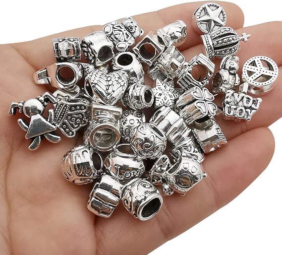 55pcs Assorted Alloy European Large Hole Beads Metal Spacer Charms Bead Assortments for DIY Crafts Bracelets Necklaces Jewelry Making (M190)