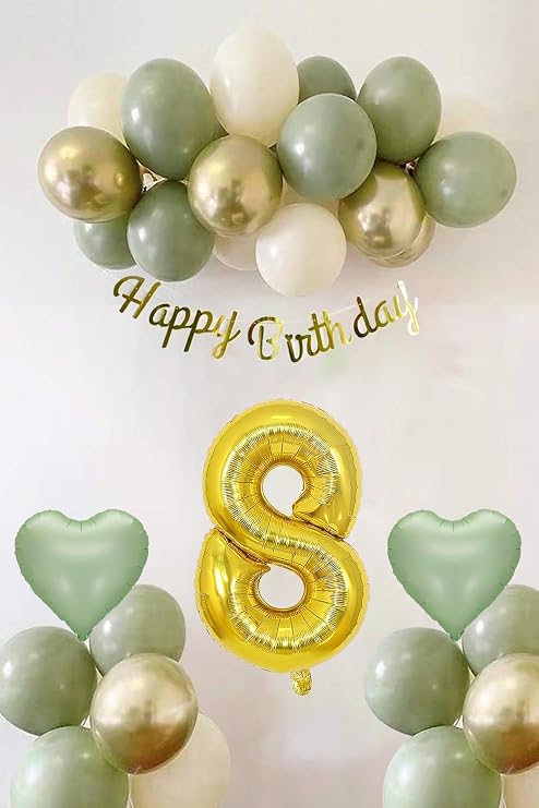 Patladı Gitti Adaçayı Konsept Doğum Günü Seti ; Küf Yeşili-Krom Gold- Deniz Kumu ve Adaçayı Kalp Folyo Balon (8)