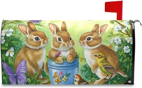 Cute Rabbit Easter Bunny Birds Flowers Butterfly Mailbox Covers Magnetic Mailbox Cover Wraps Standard Size 18" X 20.7" Post Letter Box Cover Garden Decorations