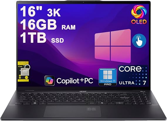 Acer Swift 16 AI Laptop 16" 3k OLED 120Hz Touch (100% DCI-P3) Intel 8-core Ultra 7 256V (Up to 47 Tops) 16GB RAM 1TB SSD Backlit Fingerprint for Designer Business Work Win11Pro ICP Hub