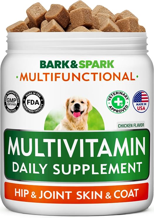 BARK&SPARK Dog Multivitamin Chews with Glucosamine, Omega 3 & Probiotics | Chondroitin & Digestive Enzymes - Skin, Coat, Joint & Gut Health Support - Vitamins & Supplements for Dogs - 120 Ct