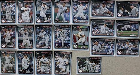 New York Yankees 2024 Topps Complete Mint 21 Card Team Set Featuring 3 Different Aaron Judge Cards Plus Gerrit Cole and Rookie Cards of Clay Holmes Austin Wells and Jasson Dominguez