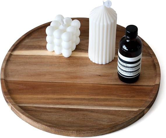 13.8" Round Wooden Tray for Decor, Decorative Circle Wood Coffee Table Tray