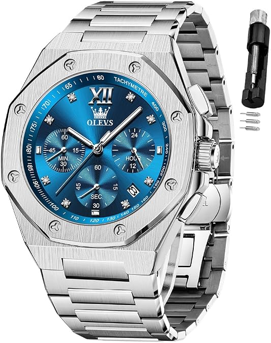 OLEVS Watch for Men Big Face Stainless Steel Waterproof Luminous Diamond