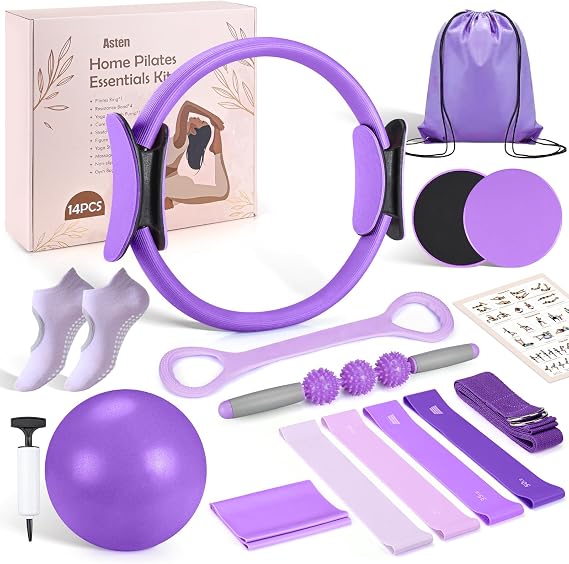 Asten Home Pilates Kit for Women: Pilates Equipment Pilates Ring and Ball Set with Resistance Bands, Core Slider, Foam Roller, Pilates Essentials Kit for Beginner Home Workout, Compact Toning Fitness