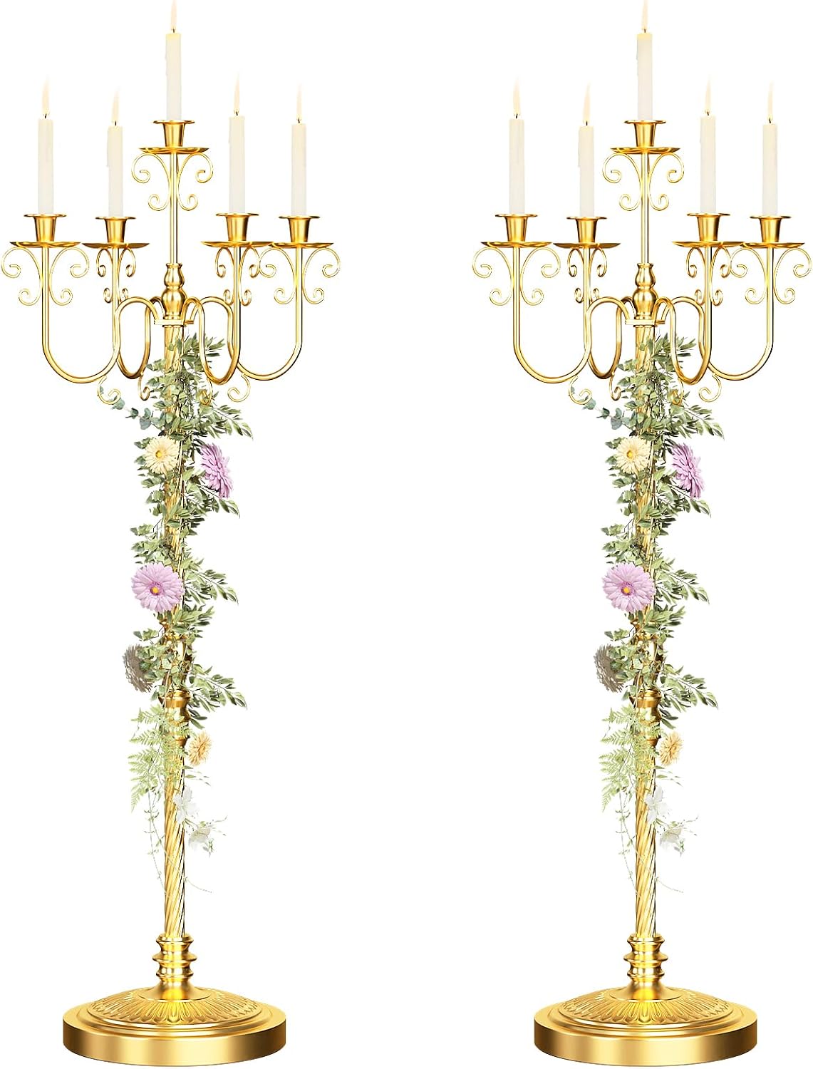 Floor Candelabra 50 Inch Gold Candlestick Holder 5 Arms Candle Holders Antique Flower Stand Centerpiece Decorative Candle Holder for Events, Party, Ceremony, Wedding Aisle, Home 2 Pcs Beaded Styling