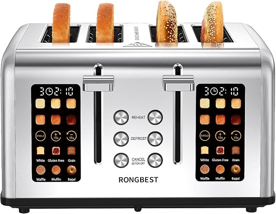 4 Slice Touch Screen Toaster with Wide Slots Stainless Steel Digital Toasters for Family Breakfast, Even Toasting for Bagel & Bread, Reheat Defrost Cancel, Removable Crumb Tray, Silver