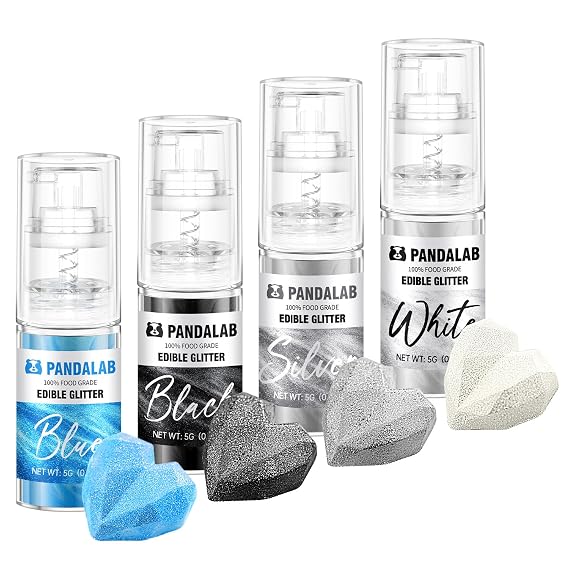 Edible Glitter Spray Pandalab Food Grade Drink Shimmer Powder Luster Dust Spray for Cocktails, Cakes, Cupcakes, Chocolate & Baking, Black White Silver Blue, 5g / Bottle