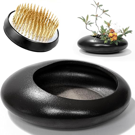 Flower Frog Vase Kit, 2-Inch Brass Florist Frog for Arrangements and Ceramic Water Drop Pot, Elegant Ikebana Flower Holder for Cut Flowers, Floral Decor Kit (Black Large Size)