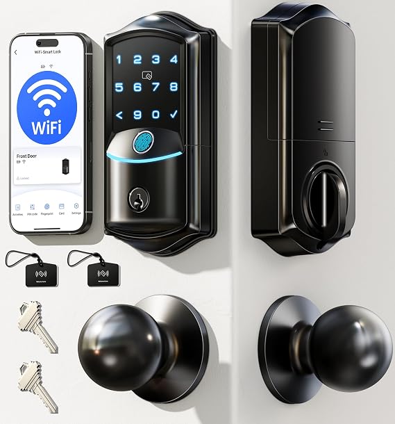 Veise VE027-K WiFi Smart Deadbolt Locks with 2 Knobs Set, Matte Black | Built-in Wi-Fi, 0.2s Fingerprint, App Remote Control, Works with Alexa, Backlit Touchscreen, IP65 Waterproof, for Front Door