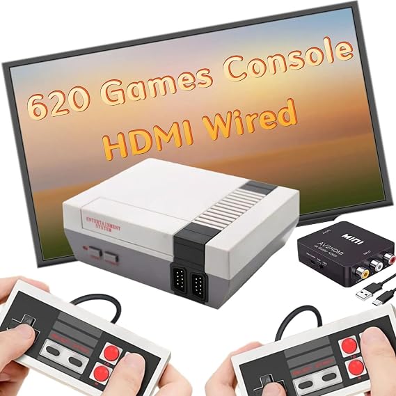Retro Game Console with 620 Video Games,Classic Mini Game System with Wired Controller,HDMI and AV Output Plug and Play Video Gaming Consoles (Gray)