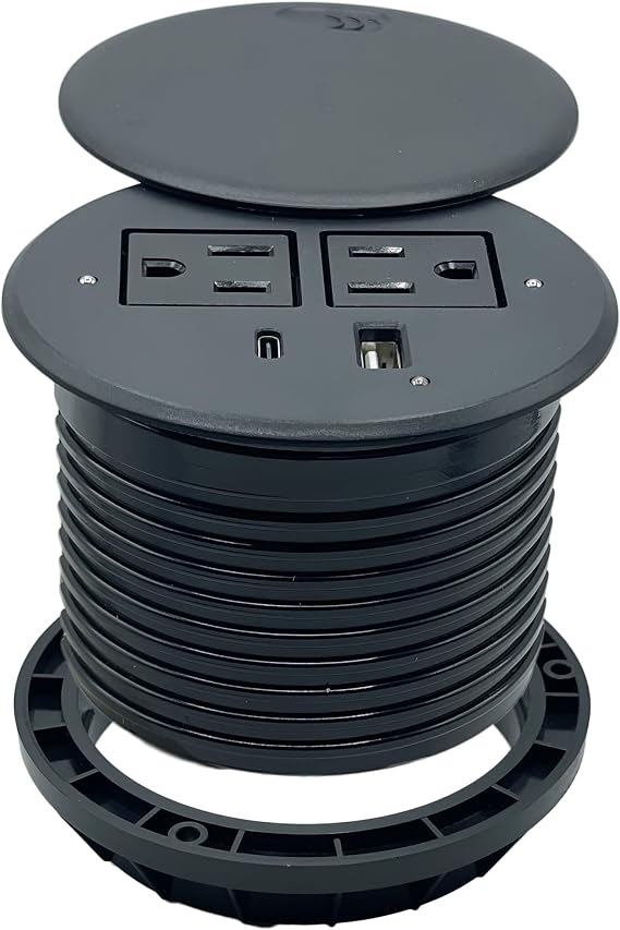 ApexDesk Desktop Power Grommet with 2X AC Outlets, 1x USB-C and 1x USB-A Charging Ports. Fits 3.15" Round Desk Grommet Holes - Black with Cover