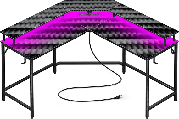 Huuger L Shaped Gaming Desk with Power Outlets & LED Lights, Computer Desk with Monitor Shelves, Carbon Fiber Surface, Home Office Desk, Corner Gaming Desk with Hooks, Carbon Fiber Black