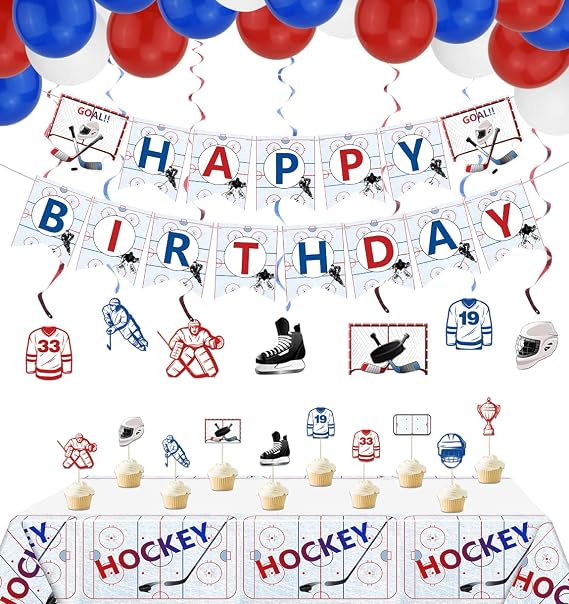 Hockey Birthday Party Supplies, Ice Hockey Themed HAPPY BIRTHDAY Banner, 7 Hanging Swirls, 1 Table Cloth, 10 Cake Toppers, 30 Balloons for Kids, Hockey Fans Birthday Party Decorations (Banner)