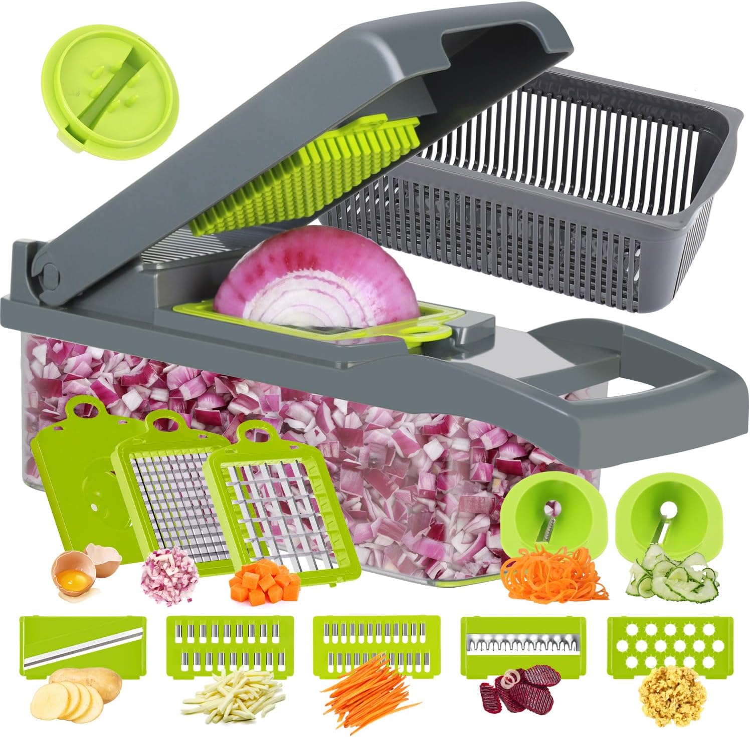 Ourokhome Chopper Vegetable Cutter, 14 in 1 Professional Mandolin Slicer for Kitchen, Food Dicer Zucchini Spiralizer for Potato, Tomato, Veggie, Onion with 10 blades and Strainer Basket (Grey)
