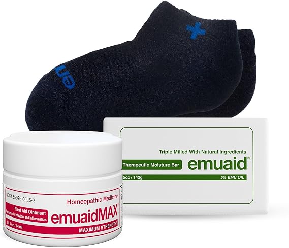 emuaid EMUAIDMAX Nail Fungus QuickStart Kit - EMUAIDMAX Maximum Strength 0.5oz with Silver Ionic Socks Therapeutic Moisture Bar is Suitable for Nail Fungus, Athletes Foot, Foot Ulcers, Cracked Heel