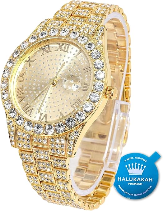 Halukakah Diamonds Gold Watch - THE LUXE - Men's Iced Out18K Real Gold/Platinum White Gold Plated 42MM Width Round Dial Quartz Wristband 9.5" with Cuban Link Chain 8"+18" Necklace Bracelet,Free Giftbox