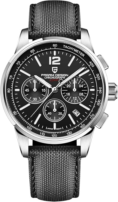 Pagani Design Men's Watch, Quartz Chronograph, 100M Water Resistant Stainless Steel Case, 40mm Dial Diameter, Sapphire Glass, Nylon Strap, Sporty Casual