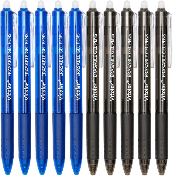 Vitoler Retractable Erasable Gel Pens Clicker, Fine Point(0.7mm), Make Mistakes Disappear,5 Black & 5 Blue Gel Ink Pen for Drawing Writing Planner and School Supplies