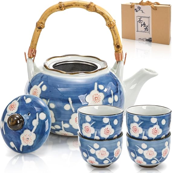 Japanese Tea Set, Ceramic Floral Tea Pot and 4 Pieces Cups
