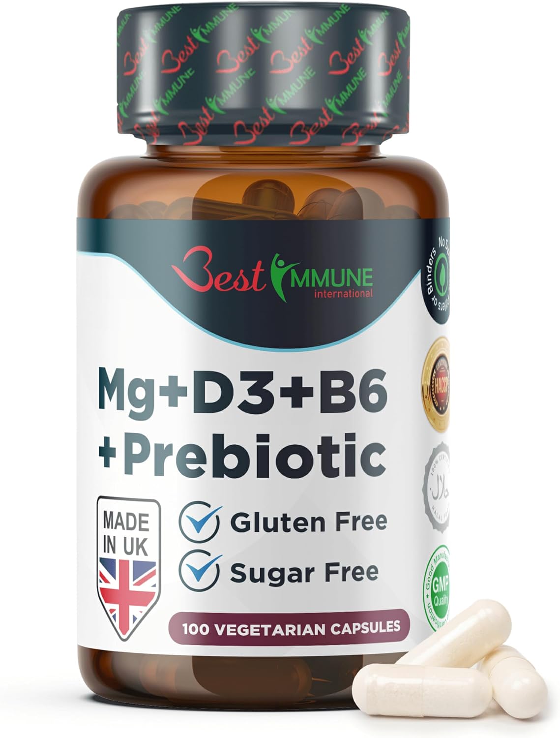 Best Immune Magnesium Lactate Vitamins B6 and D3 with Inulin Prebiotic Complex - High Strength for Maximum Absorption and Overall Wellness Pure Ingredients 100 Capsules