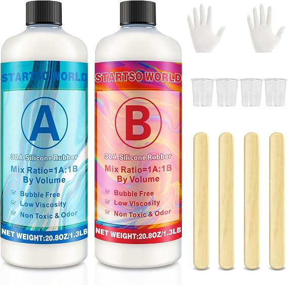 Slicone Mold Making Kit, 30A Translucent Platinum RTV-2 Liquid Silicone Rubber 2.6LB for Casting Resin, Soap, Candle, Clay, DIY Molds -1:1 by Volume with Tool 4 Cups,4 Sticks,2 Droppers,1 Pair Gloves