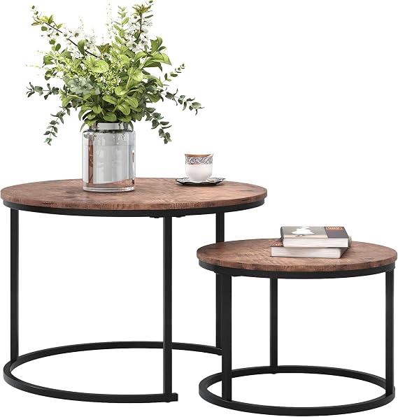 Round Nesting Coffee Table Set of 2 for Living Room, End Side Table with Metal Frame for Small Space, Black and Brown, 69.5 x 49 cm and 49.5 x 35.5 cm (Dia. X H)