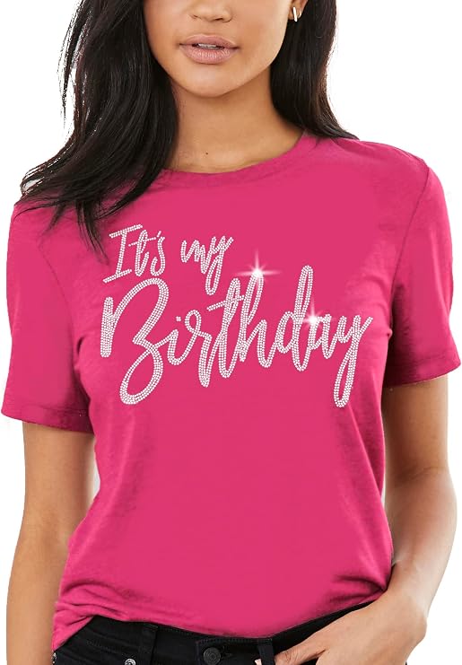 Pink Birthday Shirts for Women - Real Crystal Rhinestone Magenta Shirt - Hot Pink Womens Birthday Outfit