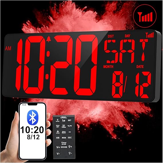 XREXS 17.2" Large Digital Wall Clock Bluetooth Sync Time | Precise Clocks with Remote Control, Adjustable Dimmer, Temperature Clock for Bedroom, Desk Alarm Clock for Elderly