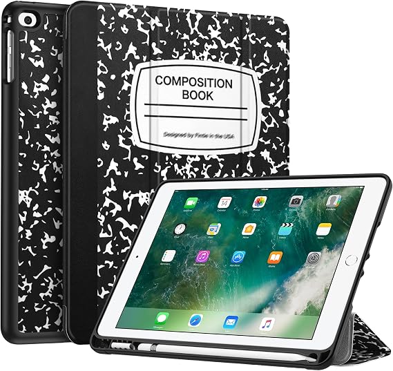 Fintie SlimShell Case for iPad 6th / 5th Generation (2018/2017), iPad Air 2 / Air 1 (9.7 Inch) - [Built-in Pencil Holder] Soft TPU Back Cover with Auto Wake Sleep, Composition Book