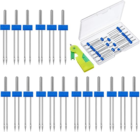 18Pcs Twin Double Needles for Sewing Machine, 3 Sizes 2.0/90 3.0/90 4.0/90 | Stretch Stitch Compatible, Includes Needle Threader, Storage Box, easy for poor eyesight