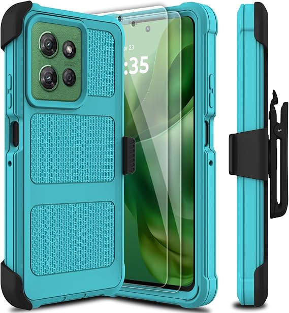 for Motorola Moto G Power 5G 2026/2025 Case with 2 Pack Tempered Glass Screen Protector, [Holster Series] Belt Clip Heavy Duty Shockproof Protective Cell Phone Case Cover (Blue Green)
