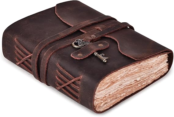 LEATHER VILLAGE Vintage Leather Journal – 200 Handmade Vintage Deckle Edge Paper – Leather bound Journal For Women Men – Key Closure - Book of Shadows - Chocolate Brown - 6X4 inches (A6)