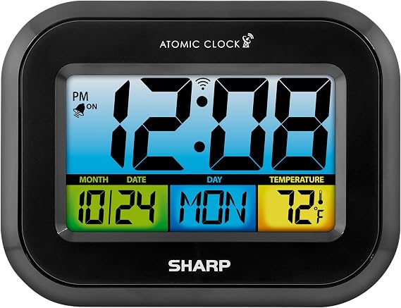Sharp Digital Atomic Alarm Clock with LCD Display Always-On Backlight Option, Adjustable Brightness Easy-to-Read Front View, Perfect for Bedroom, Office or Kitchen