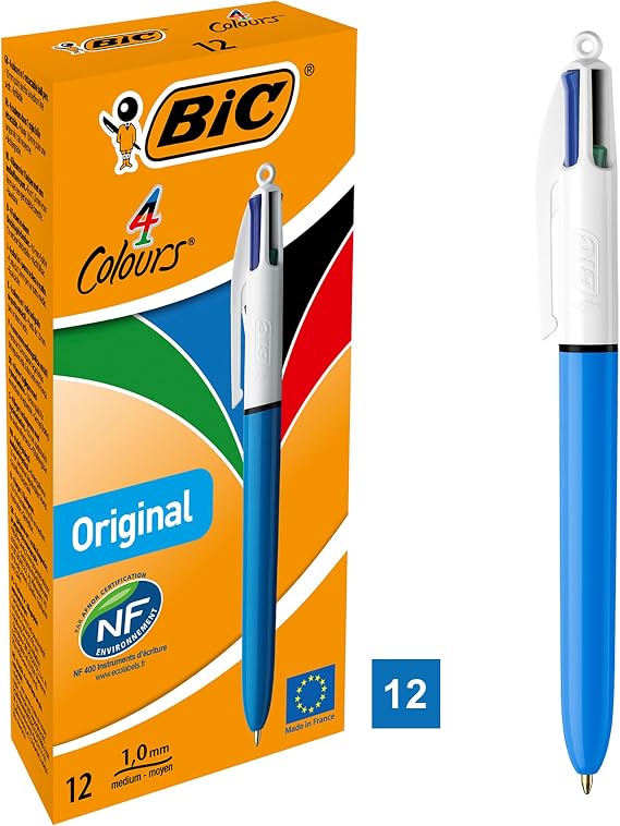 BIC 4 Colors Medium Ballpoint Pen, Box of 12, 1.0mm Tip, Blue, Red, Green and Black Colors in Single Pen