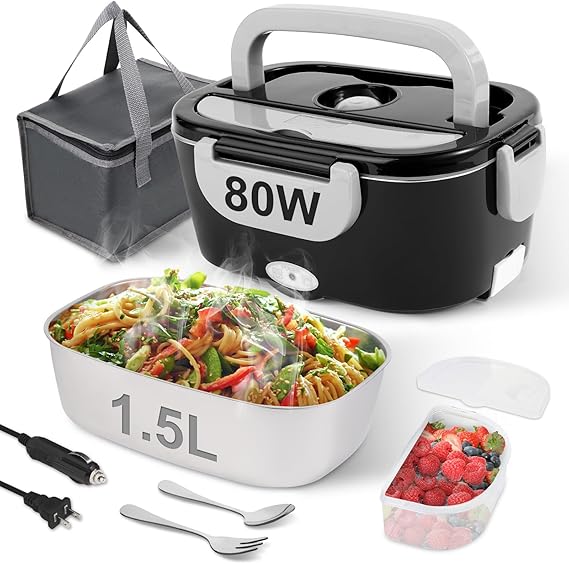 80W Electric Lunch Box for Adults, 1.5L Heated Lunch Box, BlackGery