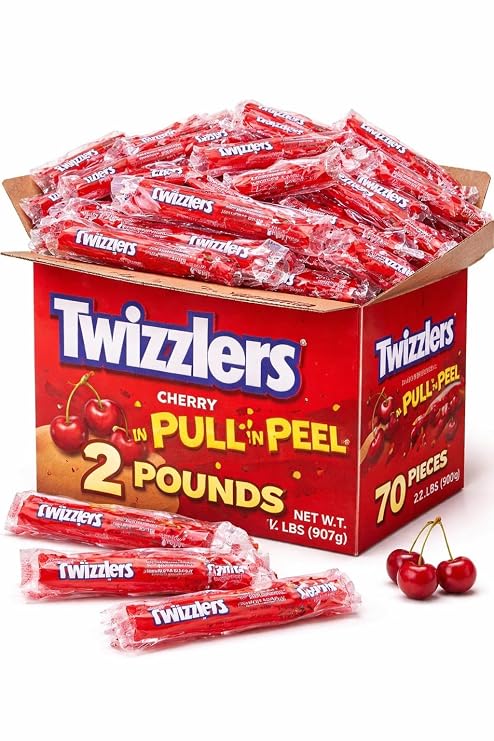 TWIZLERS Pull 'n' Peel Cherry 2 lb Approx. 70 Count, Licorice Candy Bulk Soft Chewy Cherry Red Licorice Twists, Classic Pull & Peel Candy for Sharing, Parties, Movie Snacks & Candy Bowls