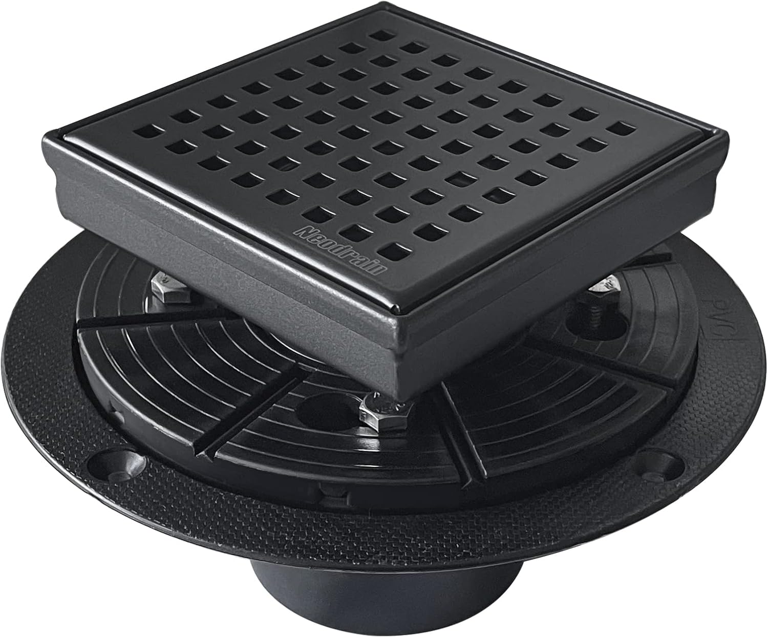 Neodrain 4-Inch Square Shower Drain with Removable Quadrato Pattern Grate, 304 Stainless Steel, Includes Shower Drain Base Hair Strainer,Black