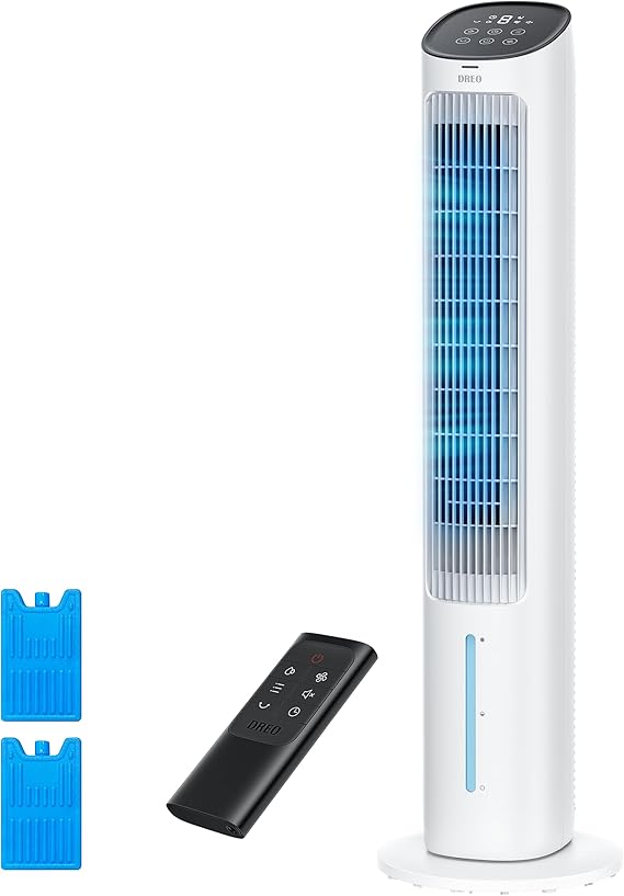 DREO Evaporative Air Swamp Cooler, 40 Standing Fans that Blow Cold Air, 80 Oscillating Bladeless Cooling Fan for Bedroom, Removable Water Tank, Ice Packs, Remote Control, 4 Speeds, 7H Timer, White