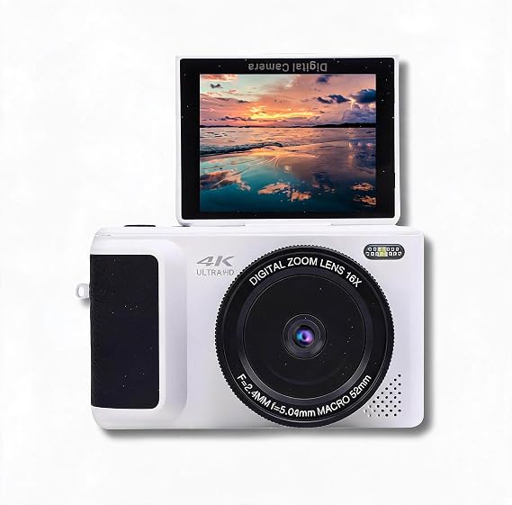 4K Digital Camera Photography 3 180° Flip Screen 16x Zoom Digital Zoom Point Shooting Camara Compact Vlog Travel Camara for Beginners White